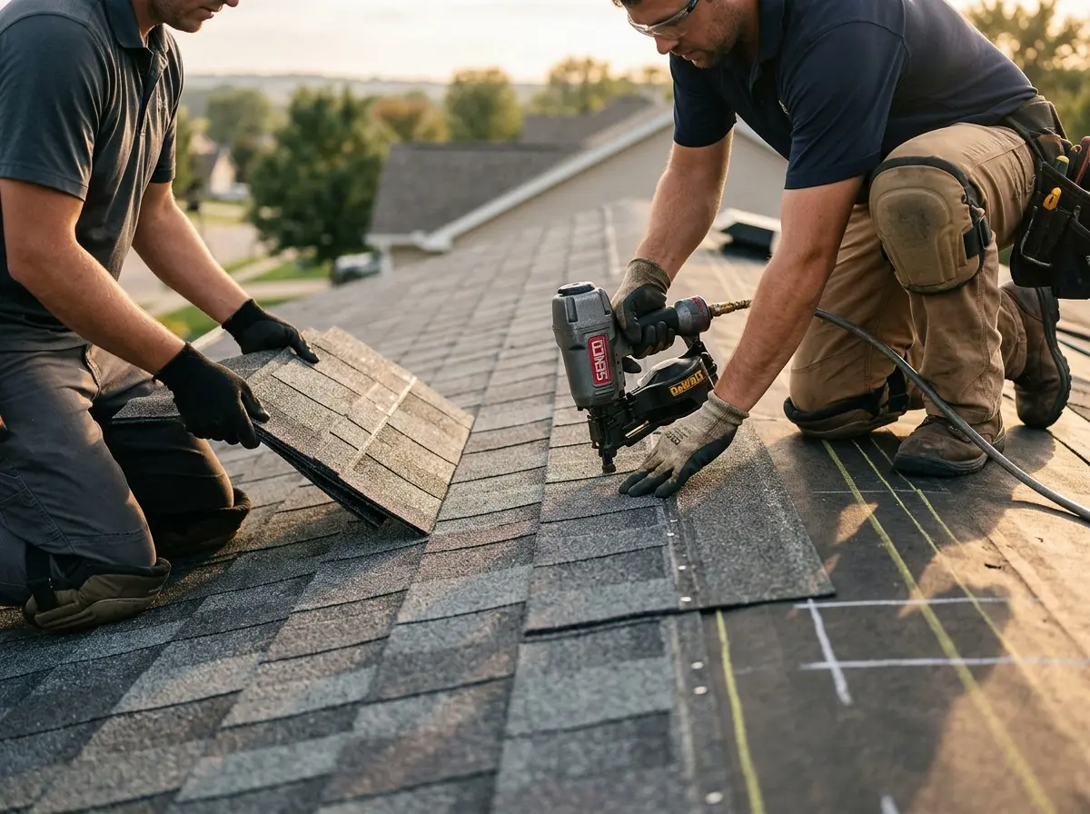 Professional roofer working on a residential roof in Wolf Trap